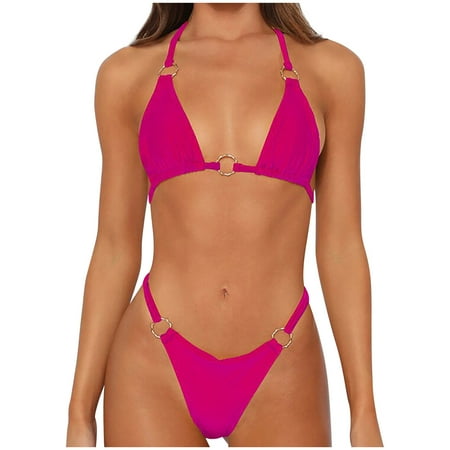 Women s Sexy Two Piece Swimsuits Triangle Thong Bikini Set Bathing Suit Halter Solid Color Ring High Cut Swimwear Beachwear