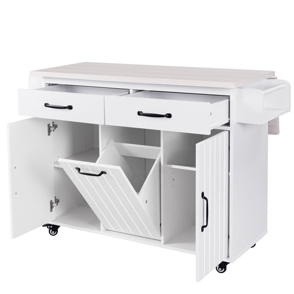 Geetinfly Mobile Kitchen Island On Wheels With Trash Can Storage, Kitchen Island Cart, Rolling Kitchen Island Table With Drop Leaf, Storage Cabinet, Drawer, Spice Rack, Towel Rack