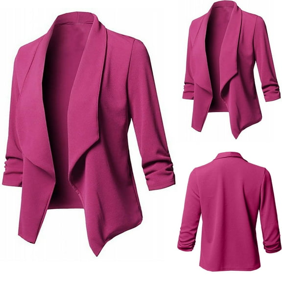 Qetyuw 3/4 Sleeve Blazer for Women Slim Fit Lapel Open Front Cardigan Coat Office Casual Blazers Outwear