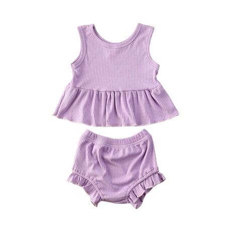 

jaweiw Baby Girls Summer Outfits Set Solid Color Pit Strip Style Sleeveless Sling Lotus Leaf Hem Tops Elastic Breeches Suit