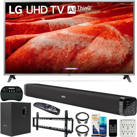 Tv Led Ips LG 75UM7570PUD 75 inch 4K HDR Smart LED IPS TV with AI ThinQ 2019 Model Bundle with Soundbar with Subwoofer, Wall Mount Kit Wireless Backlit Keyboard and 6-Outlet Surge Adapter ()