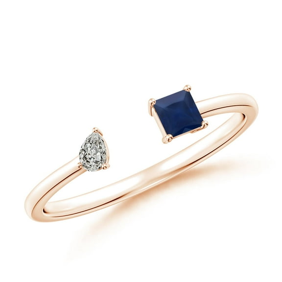 ANGARA Natural Two-Stone Square Blue Sapphire & Pear Diamond Open Ring in 14K Rose Gold for Women (Size-3mm) | September Birthstone, Anniversary, Jewelry Gift for Women | Natural Blue Sapphire Ring