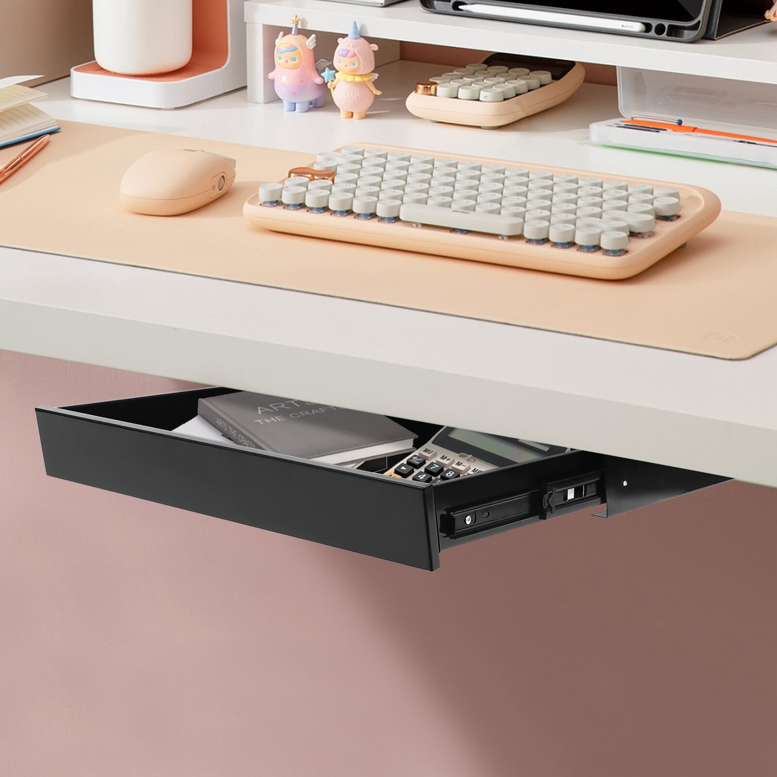 21.6*14*2.875in Modern Black Under Desk Mounted Drawer Storage Organizer Sliding Pullout Drawer Standing Desk