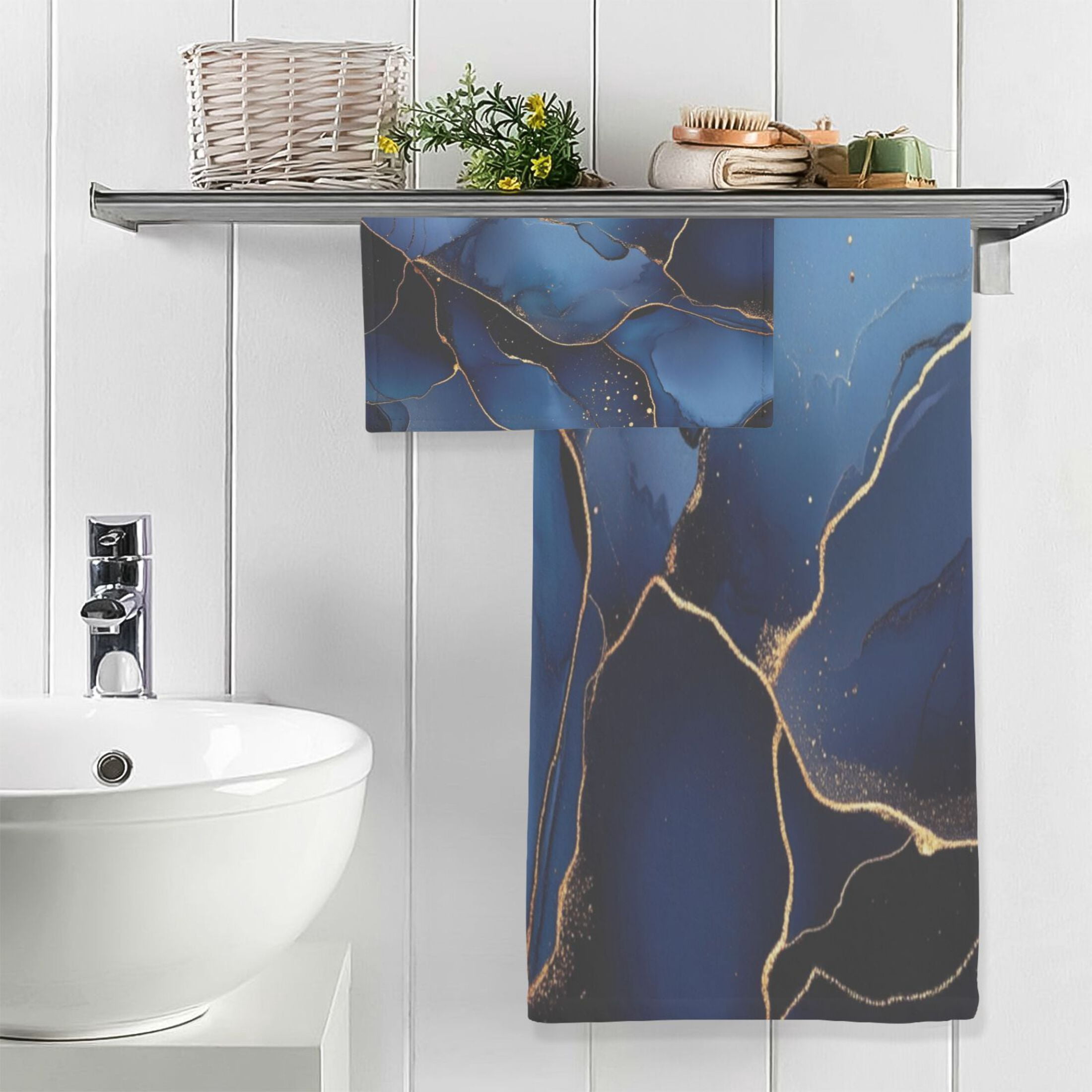Qxltty Gilt Navy Blue Marble Bath and Hand Towel Set 100% Cotton Towels for Bathroom Soft Durable and Absorbent