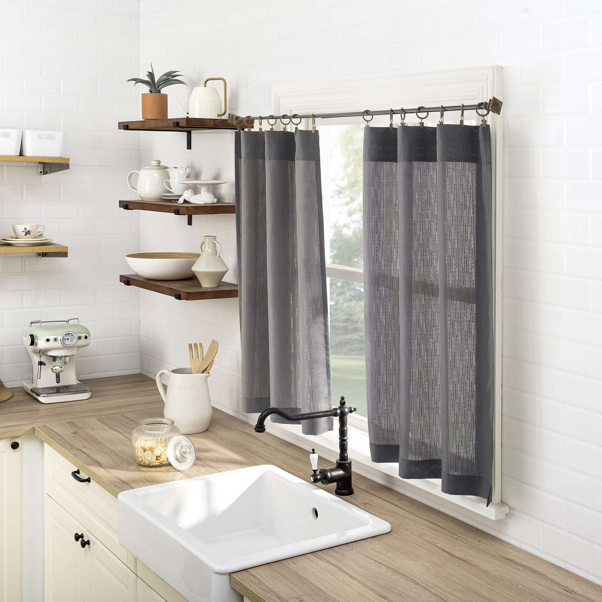 Mainstays 3-Piece Textured Semi Sheer Rod Pocket Kitchen Window Tier Pair and Valance, 2 Café Curtains and 1 Curtain Valance, Grey, 56"W x 36"L