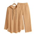 thumbnail image 4 of Men's Linen Blend 2 Piece Outfit Hooded Henley Shirt Drawstring Wide Leg Pants Set Earth Yellow S, 4 of 10