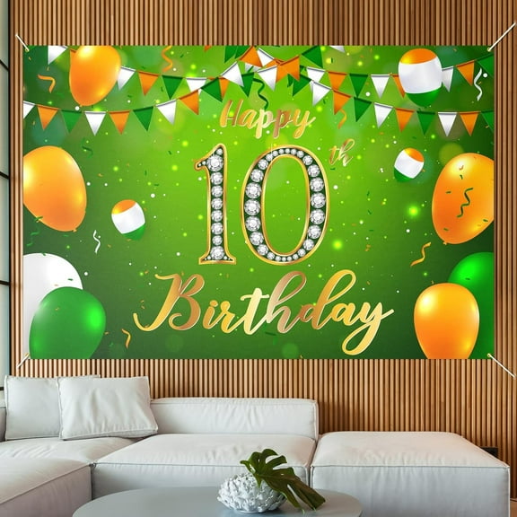 Happy 10th Birthday Backdrop Banner Decor Green - Cheers to 10 Years Old Birthday Party Theme Decorations for Boys Girls Supplies