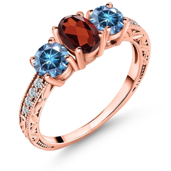 Gem Stone King 18K Rose Gold Plated Silver 3-Stone Ring Oval Red Garnet and Vivid Persian Blue Moissanite (1.99 Cttw, Size 9)