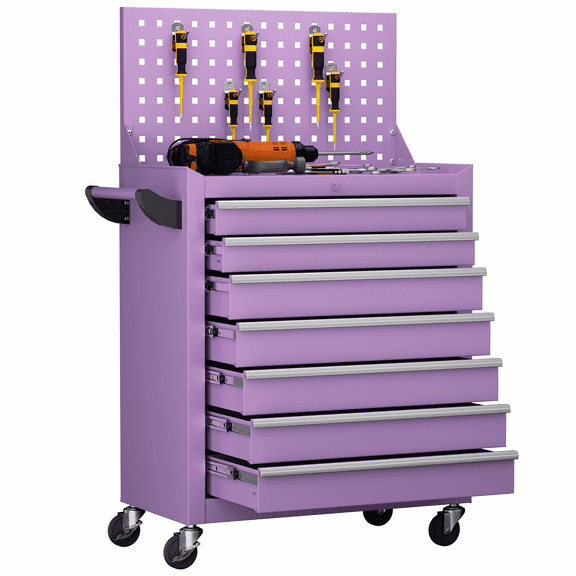 SUNCROWN 7 Drawers Rolling Tool Chest with Pegboard, Metal Tool Chest with Drawers, Tool Storage Cabinet with Wheels for Garage, Workshop, Repair Shop, Purple