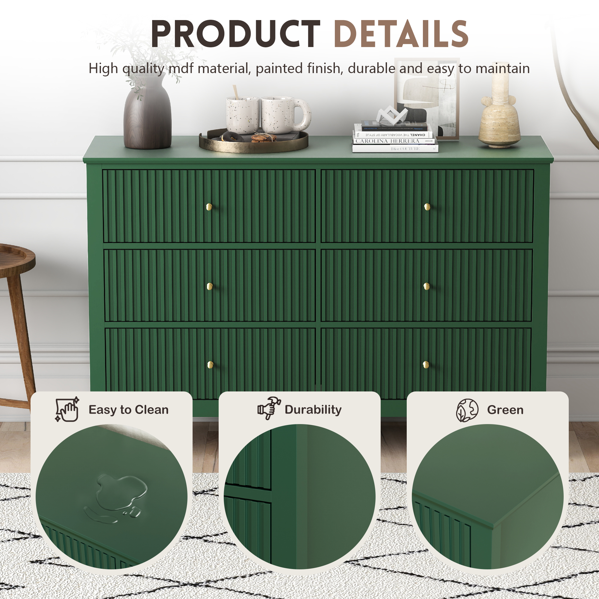 Modern Fluted Chest of Drawers with Storage,6 Drawers Storage Dresser with Paint Design,Wood Drawer Organizer Dressers for Bedroom, Hallway, Entryway,Green