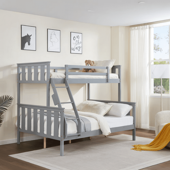 MAYEERTY Twin over Full Bunk Bed with Flexible Ladder, Kids Solid Wood Bed Frame, Non-Toxic Finishes, No Box Spring Needed, Gray