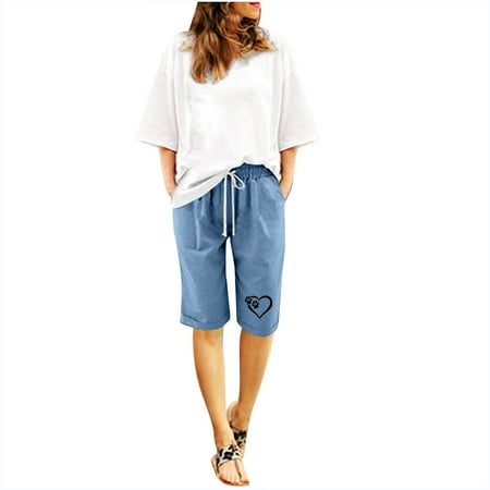 

LIBRCLO Womens Cotton Linen Cargo Shorts Print Casual Summer Pajama Shorts
