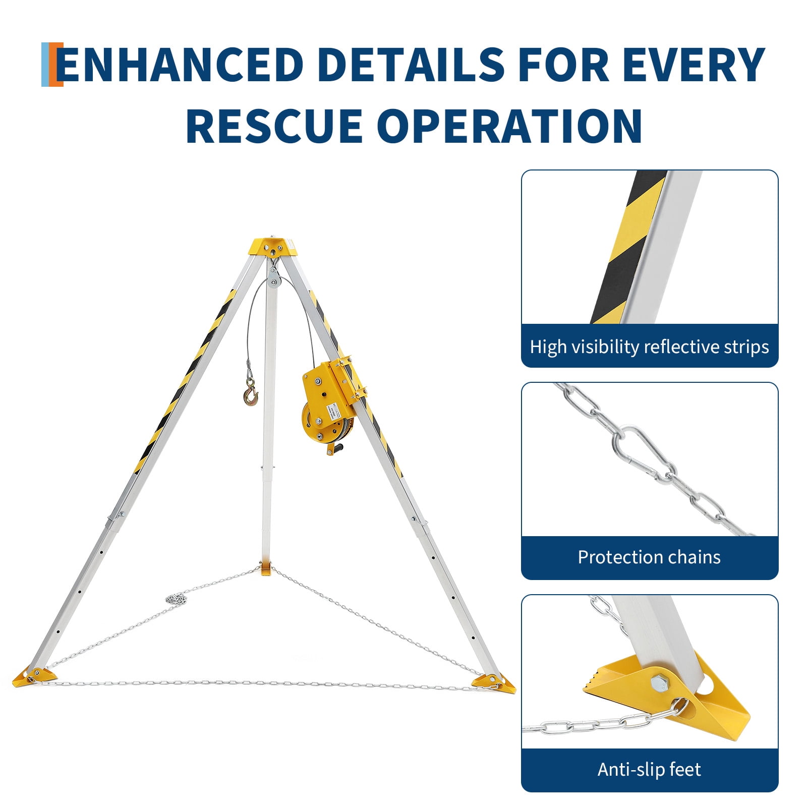 Confined Space Rescue Tripod Kit with 1200lbs Winch, 7ft Legs, 98ft Cable, Steel Construction, 33ft Fall Arrestor and Storage Bag