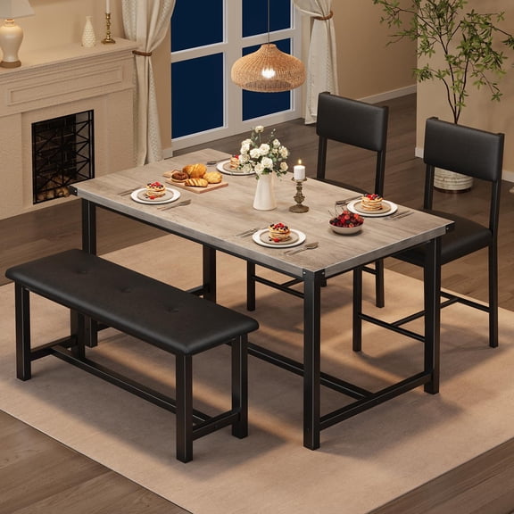 Dining Table Set with 2 Chairs & Bench, Retro Gray
