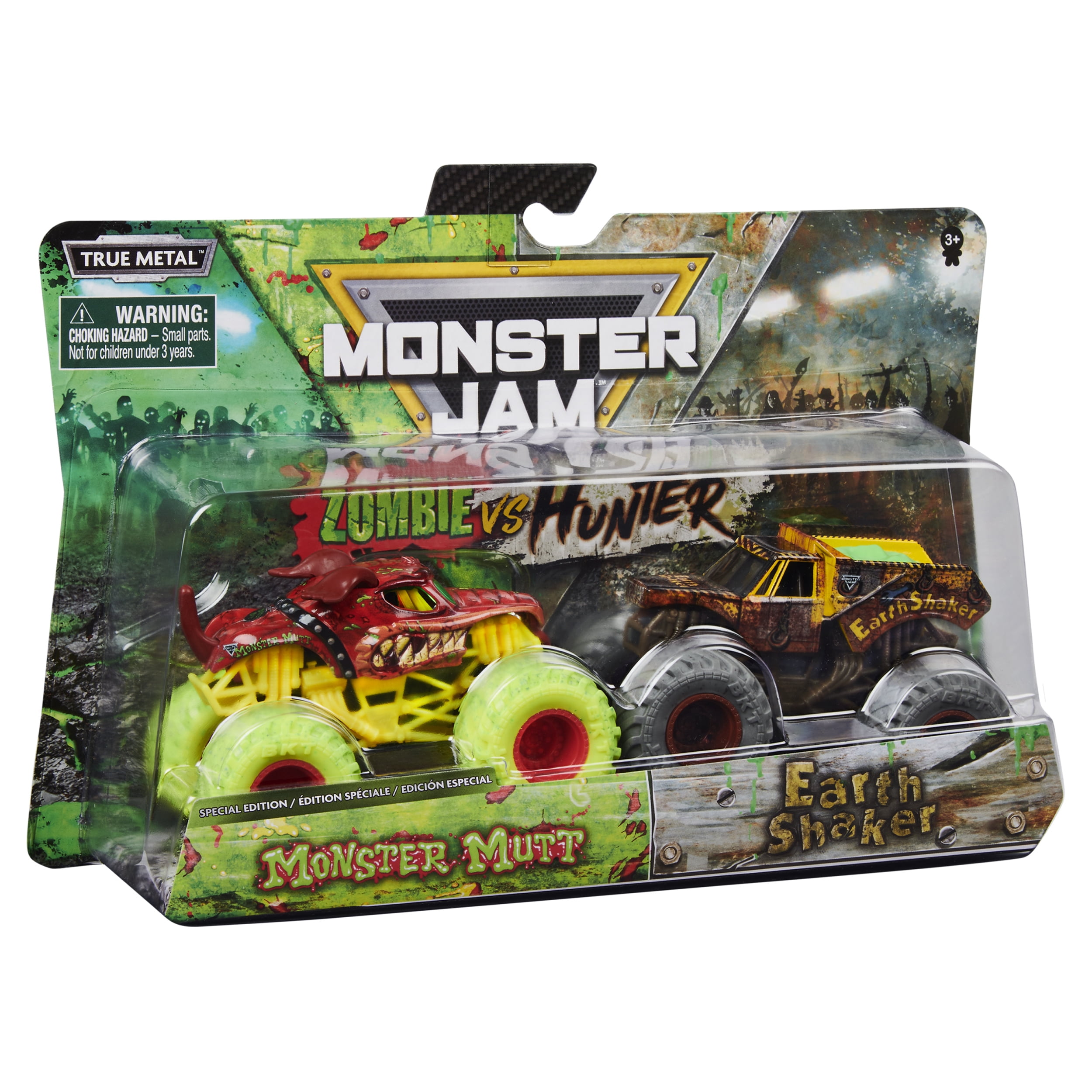 Monster Jam, Official Zombie Monster Mutt Vs. Hunter Earth Shaker Die-Cast Monster Trucks, 1:64 Scale