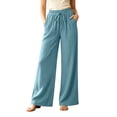 thumbnail image 3 of Women's Cotton Spandex Wide Leg Pants, Elastic Drawstring High Waist, Loose Soft Pockets, Casual Summer Beach Travel Lounge, Flowy Trousers | VerBelle,Light Blue S, 3 of 7