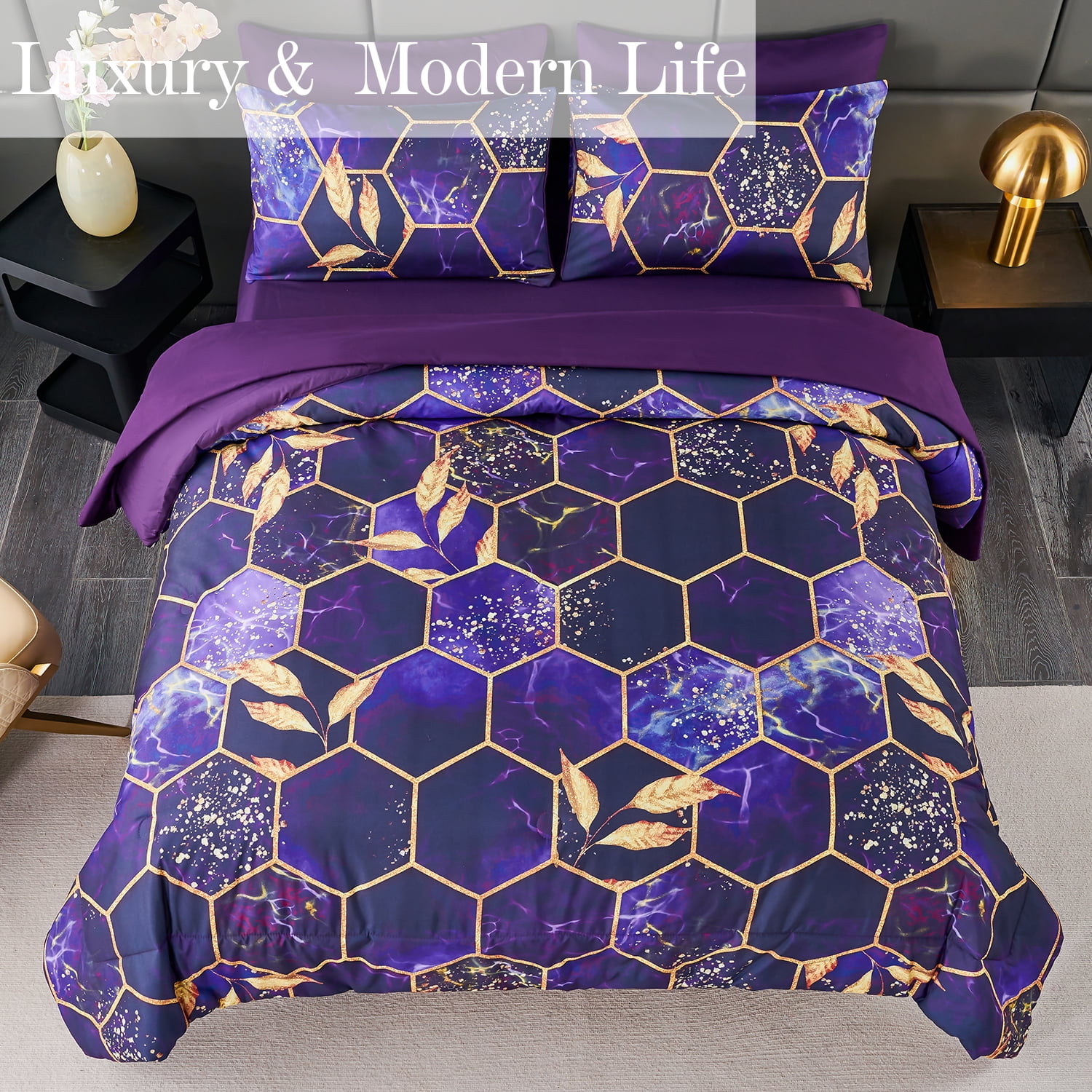 RYNGHIPY Cal King Comforter Set for Men Purple Marble Leaf 3Pcs Bedding Set Boho Geometric Marble Quilt Set with Pillowcases (Purple, Cal King)