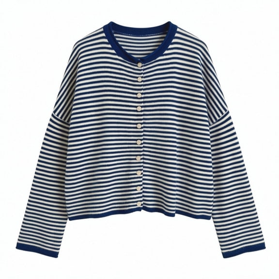 Iyufng Womens Striped Button Front Knit Cardigans Long Sleeve Contrast Trim Cropped Casual Sweater Jackets