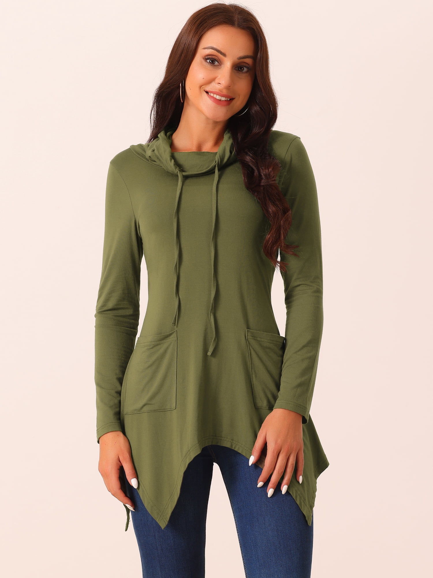 DARING DIVA Women's Cowl Neck Asymmetrical Hem Tunic Tops with Pockets Army Green L