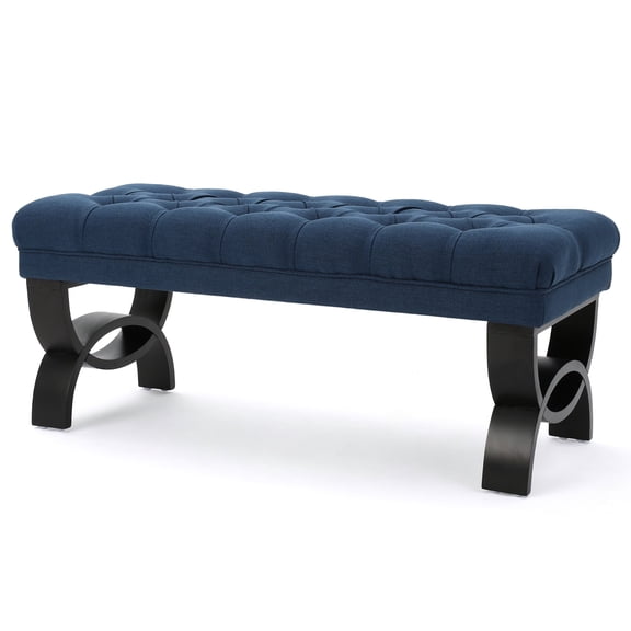 GDF Studio Jaymee Contemporary Tufted Ottoman Bench, Navy Blue Fabric and Dark Brown