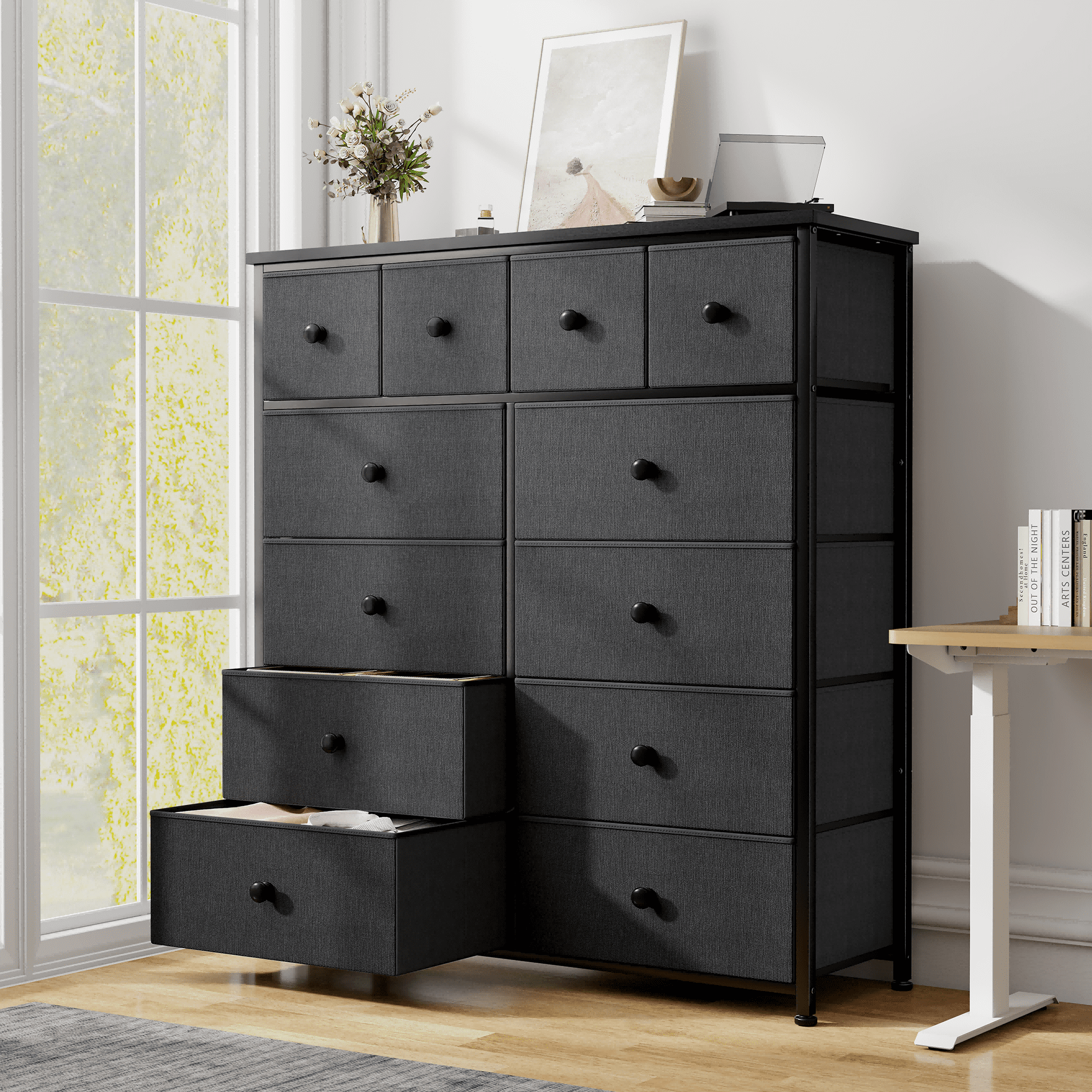Romorgniz Tall Dresser for Bedroom with 12 Drawers Dresser for Closet Fabric Dressers and Chests of Drawers, Sturdy Metal Frame, Wood Top, Dark Gray