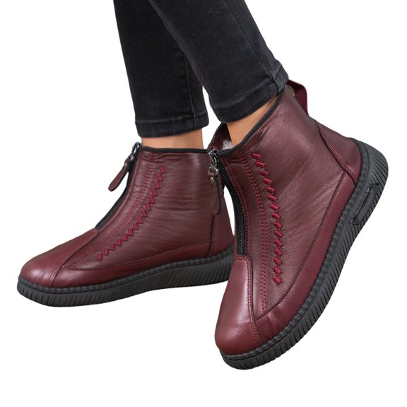 EKVAHL Women's Orthopedic Ankle Boots, Leather Snow Booties Walking Shoes, Arch Support Front Zip Warm Fleece Lined Outdoor Commute Daily Shoes Red