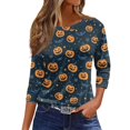 thumbnail image 1 of Camiseta de mujer con estampado de Halloween, manga 3/4, para uso diario, fin de semana, básica, cuello redondo, top regular, 1 of 5