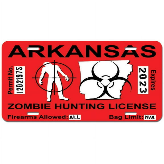 Arkansas AR Zombie Hunting License Permit Red - Biohazard Response Team Novelty Metal Vanity License Tag Plate