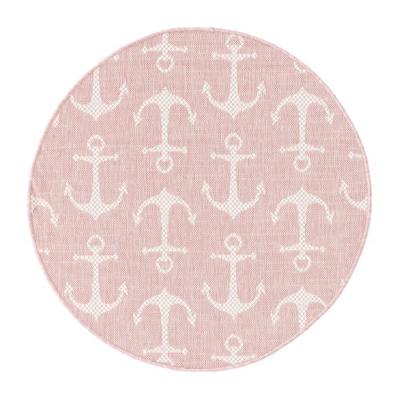 Unique Loom Outdoor Coastal Collection Area Rug - Ahoy (3' 1" Round Pink/Ivory)