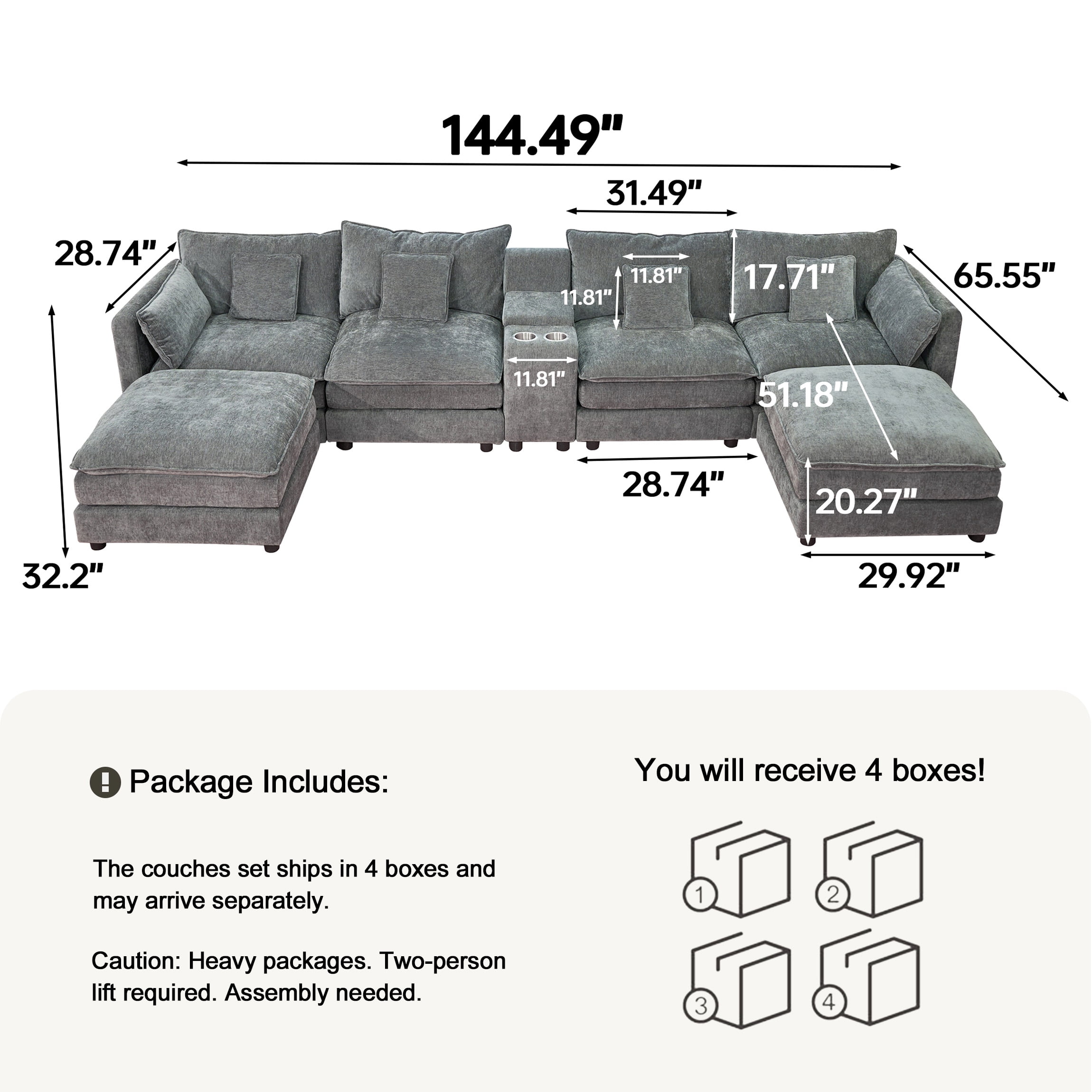 SOULART 144 U Shaped Couch Living Room Furniture - Gray Couch Cloud Modular Sectional Sofa with Ottoman, Chenille 6-Seat, Console & Cup Holders