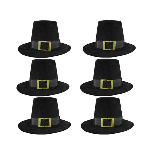 Nicky Bigs Novelties 6 PK Deluxe Pilgrim Hat With Buckle Quaker Amish Top Hat Cap Flat Topped Costume