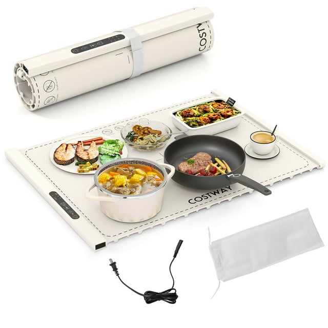 Costway Rollable & Portable Electric Warming Tray with Fasting Heating Timer Auto Shut-Off White