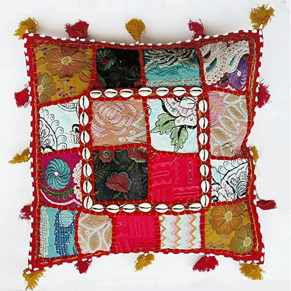 Rastogi Handicrafts Multi Color Sari Patchwork Cushion Cover - Beaded Decorative Sari Pearl and Cowrie Shell Work Ethnic Indian Square Pillow Cover (RED)