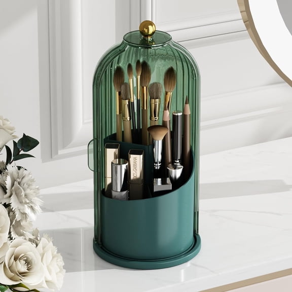 Upgraded Trendy Makeup Brush Organizer with Lid, 360 Rotating Cosmetic Organizer with 3 Compartments, Convenient Sliding Door,Waterproof Dustproof Beauty Brushes Storage Container for Vanity Table