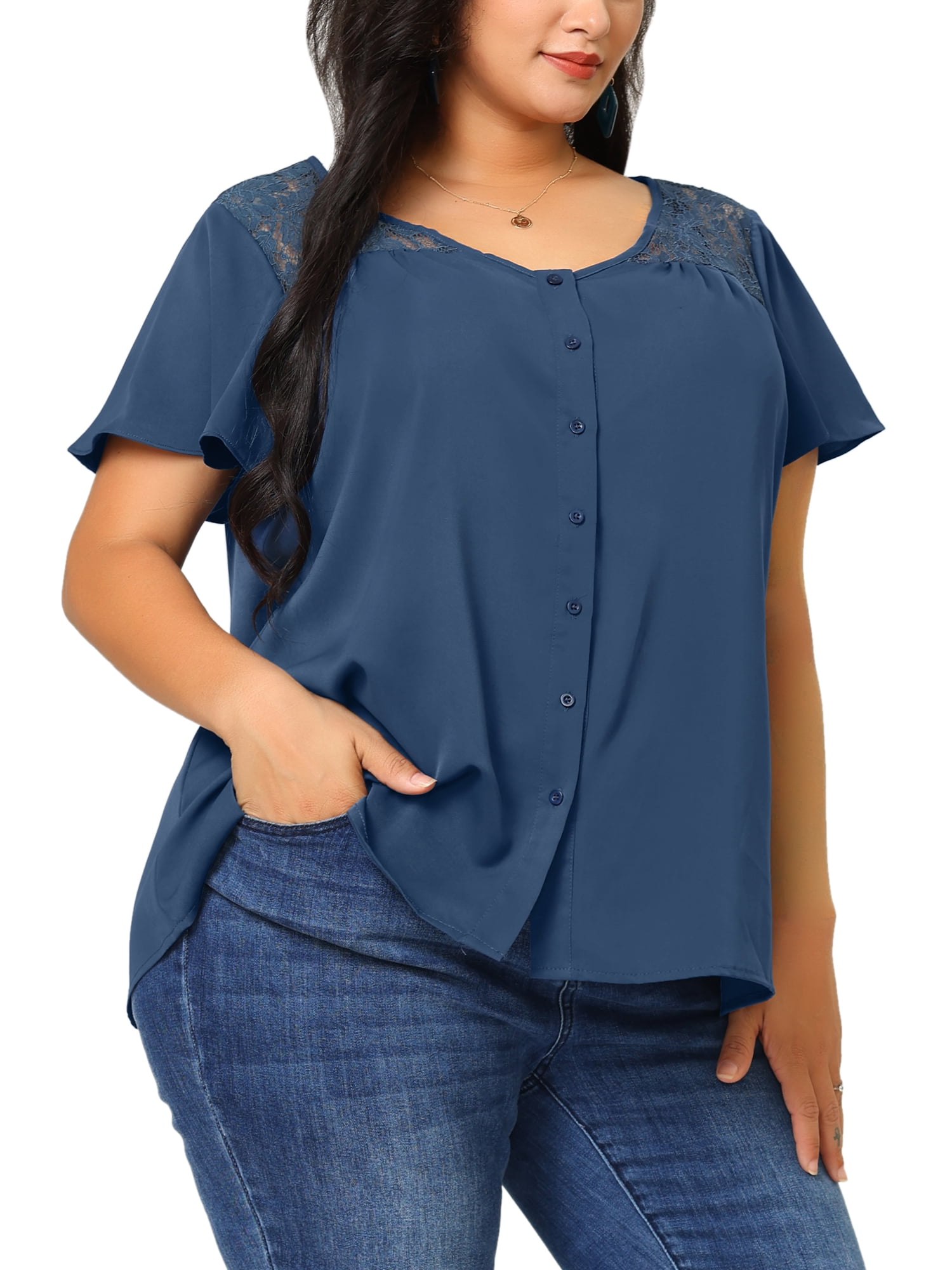 Agnes Orinda Women's Plus Size V Neck Full Placket Lace Panel Flare Short Sleeve Summer Peplum Blouses