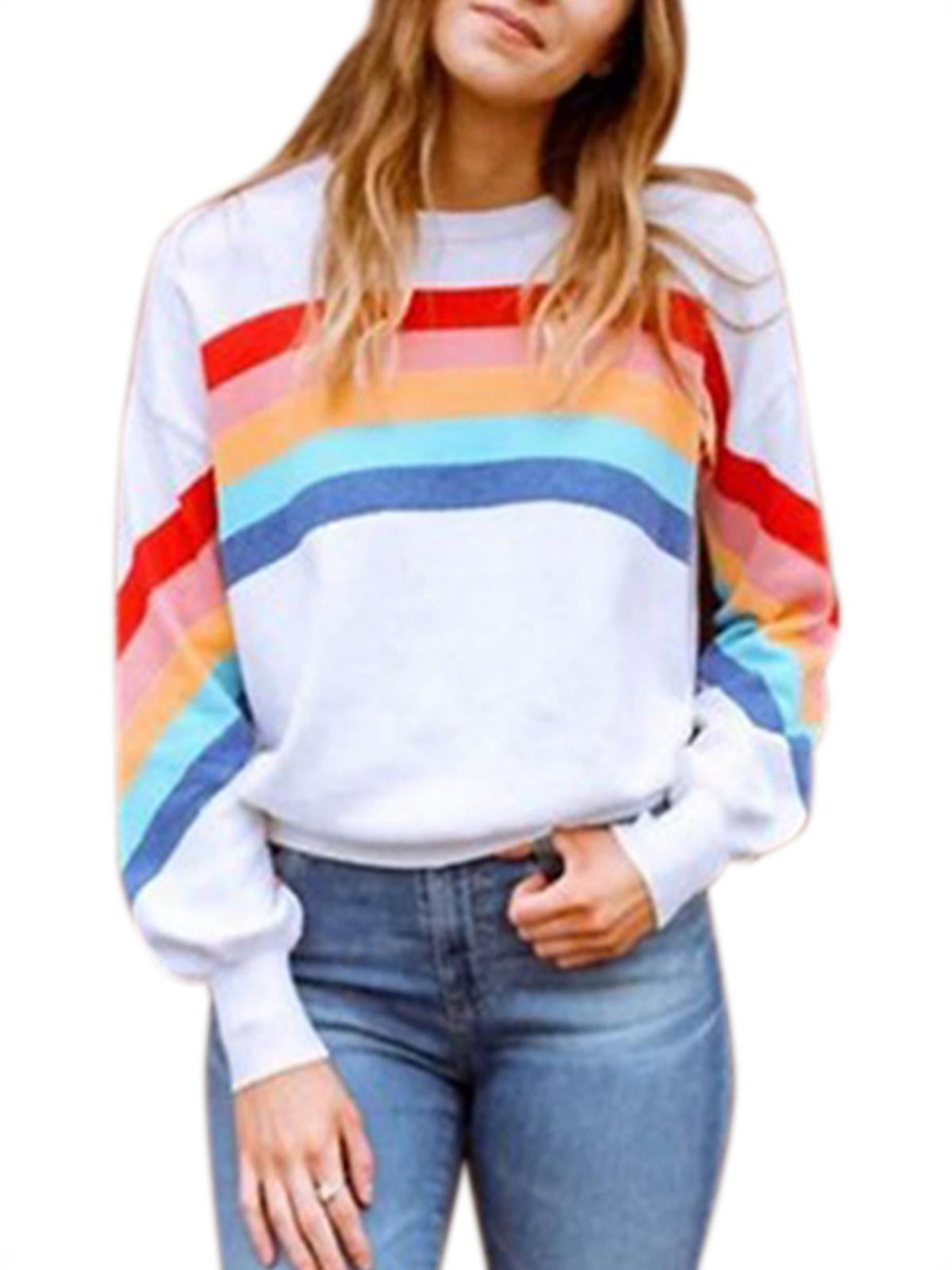 Womens Rainbow Printed Long Sleeve Sweater Ladies Loose Pullover Jumper Tops 