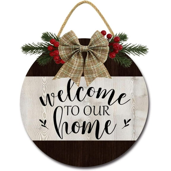 Eveokoki 12" Welcome to Our Home Signs for Front Door Farmhouse Porch Rustic Round Wooden Hanging Wreaths for Housewarming Gift Christmas Festival Decoration Outdoor Indoor Wall Decor