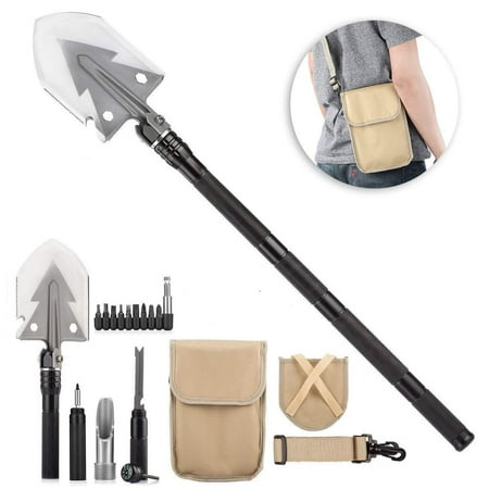 NACATIN All-in-1 Camping Shovel, 33.1 Inch Military Folding Shovel Multitool Heavy Duty Survival Gear and Outdoor Camping Equipment Tools with Knife, Ice Chisel, Screwdriver Bits Multitool Shovel