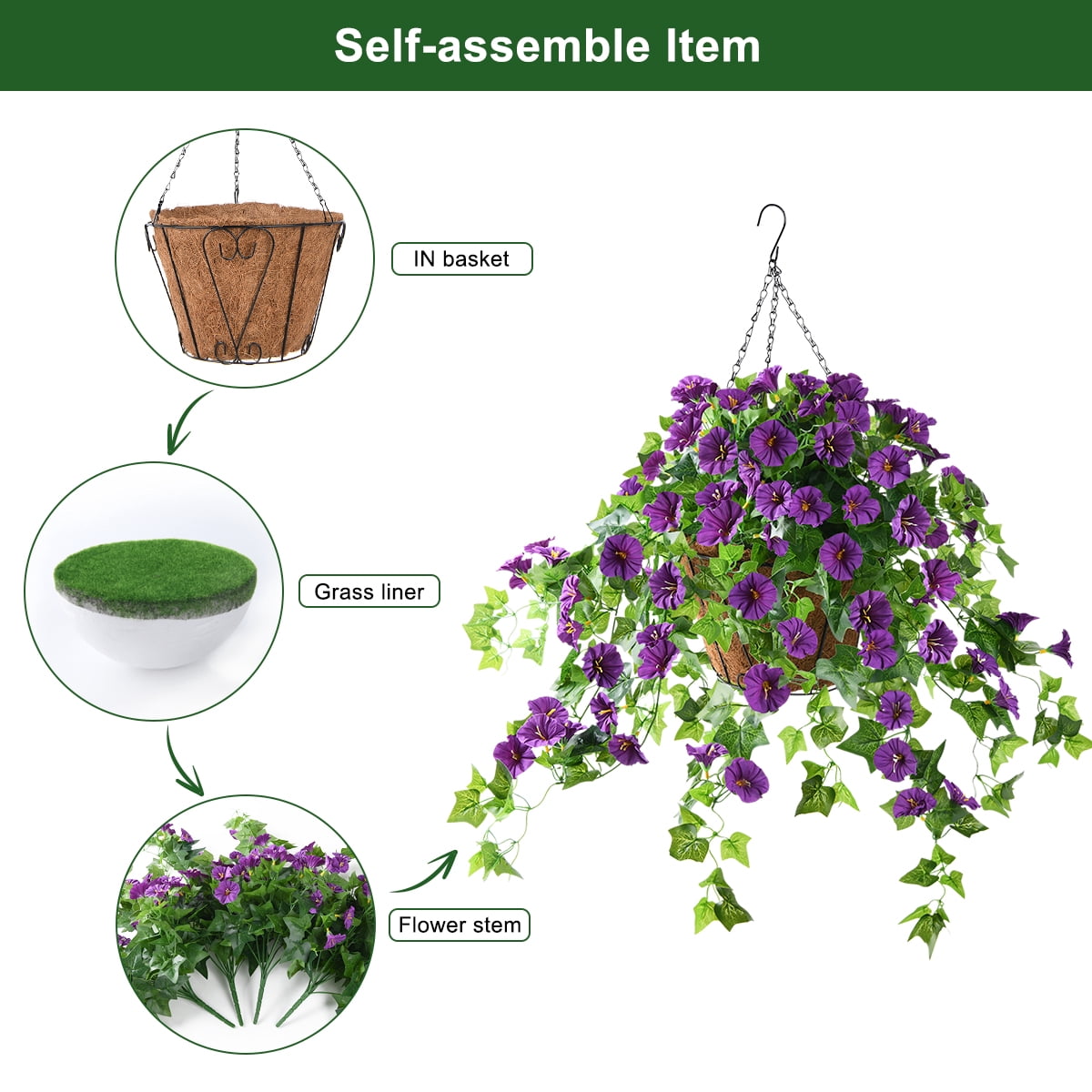 Artificial Hanging Flowers in Basket,Lvy Basket with Artificial Morning Glories Flowers Hanging Plant for The Decoration of Courtyard, Outdoors and Indoors(Purple)