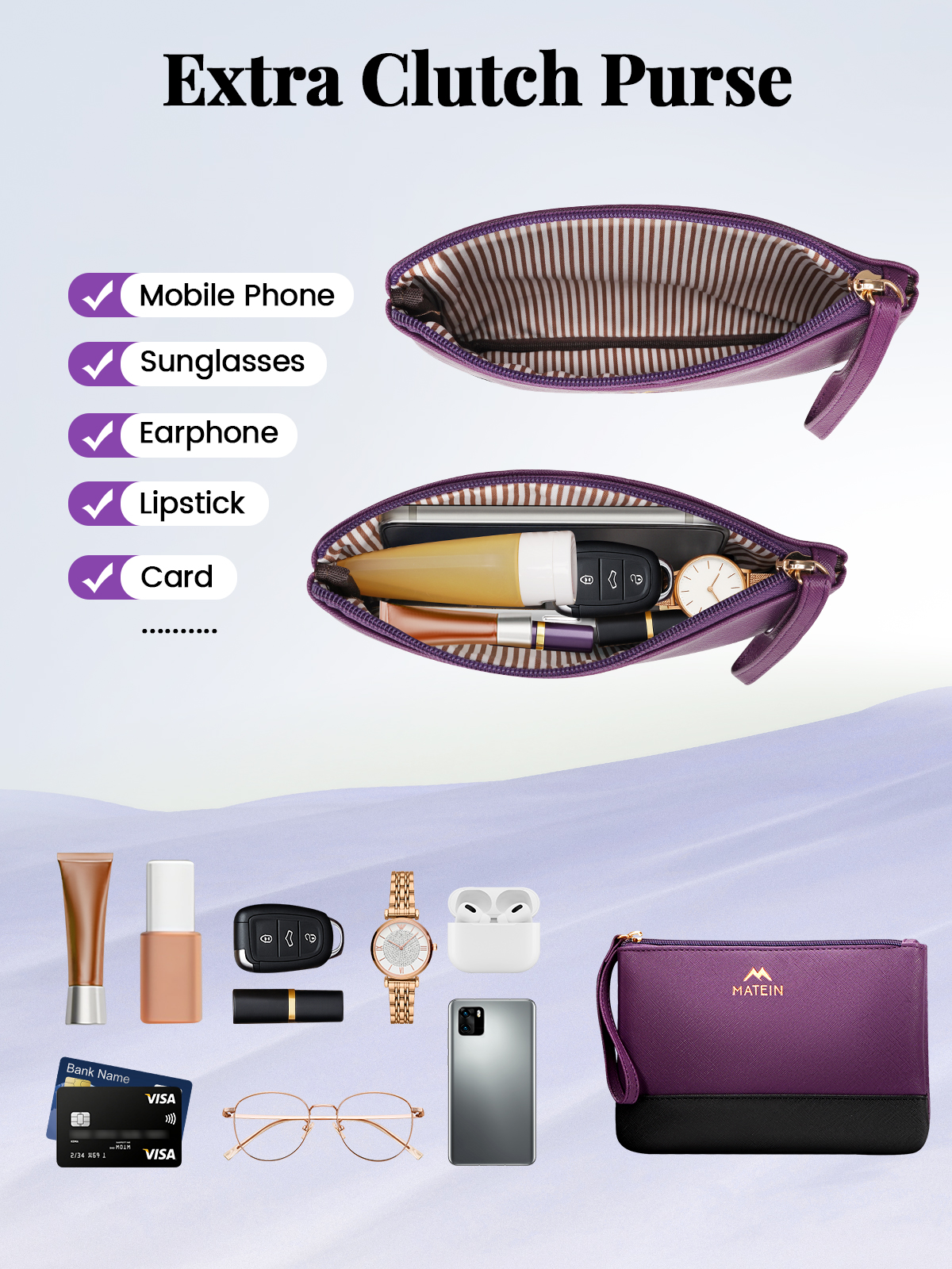 Matein Laptop Tote Bag  for Women, PU Leather Work Bag with Clutch Purse, Insulated Lunch Compartment, Purple