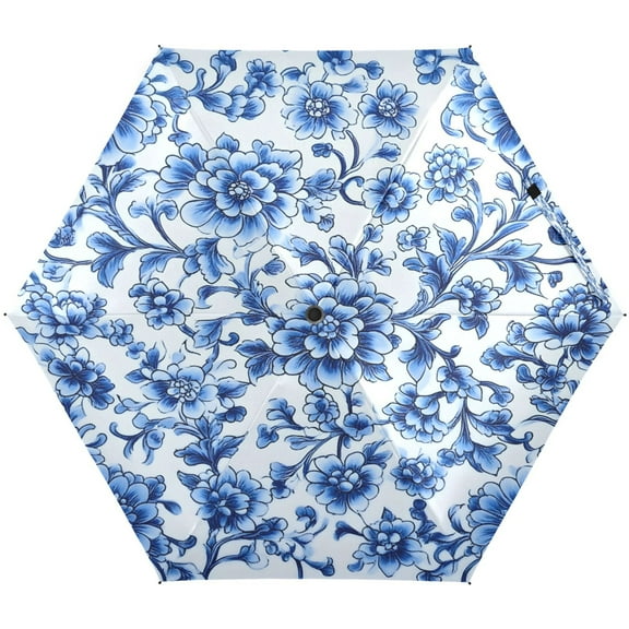 Blue and White Porcelain Umbrellas for Sun Auto Open Close UV50  Waterproof 5-Fold Compact Fiberglass Frame