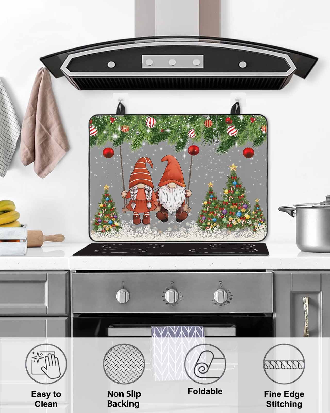 Large Induction Cooktop Protector Mat Grey Gnomes Christmas Stove Top Covers for Electric Stove, Xmas Tree Balls Snowflake Decorative Stove Burner Cover Mats, Glass Top Stove Cover