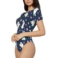 thumbnail image 2 of Daiia Rabbit And Flower print Women's Crew Neck Short Sleeve Bodysuit Fashion Tops Fit Casual Basic Extender Bodysuit-Small, 2 of 9