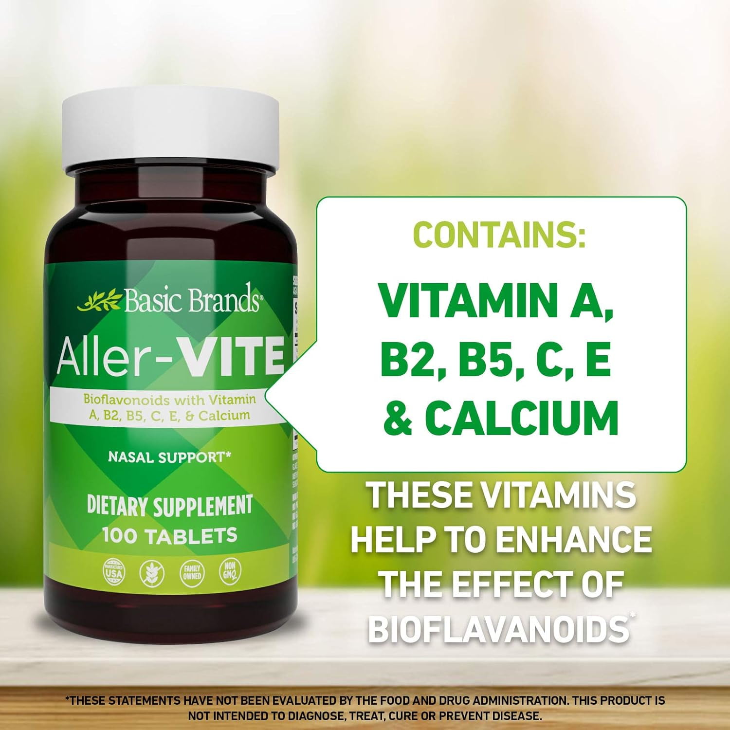 Basic Brands Aller-Vite Bioflavonoid Nasal Support for Itchy Eyes & Runny Nose, 200 Tablets