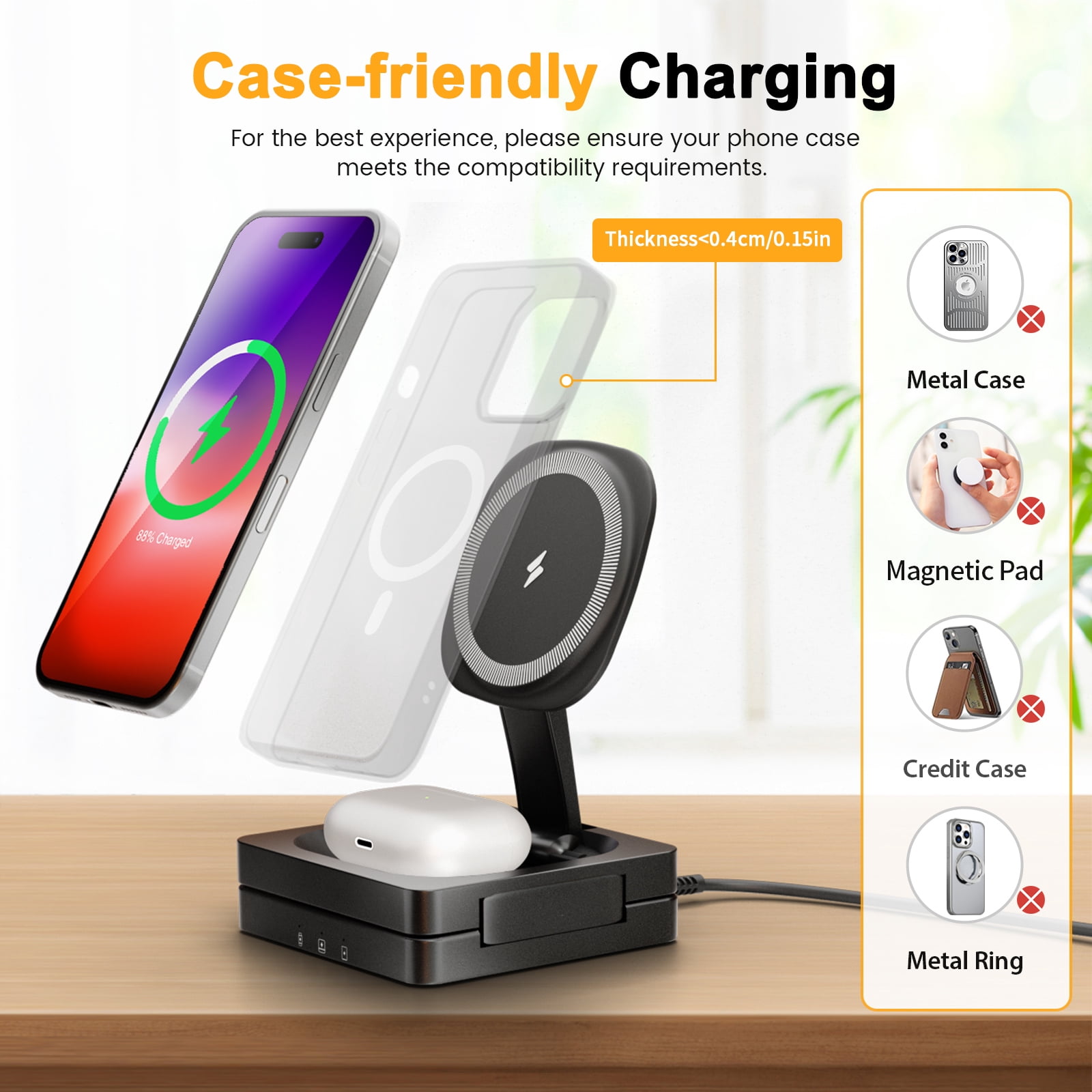 3 in 1 Magnetic Foldable Portable Wireless Charger, Fast Charging 15W Compatible with iPhone 17 16 15 14 13 12 11 8 X XR SE, Watch Charger for iWatch Series,for AirPods Pro 4 3 2 1 (Black)