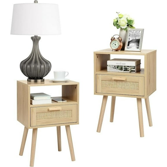 Nightstands Set of 2, End Table, Nightstand, Side Table with Hand Made Rattan Decorated Drawers, Wood Accent Table with Storage for Bedroom, Natural