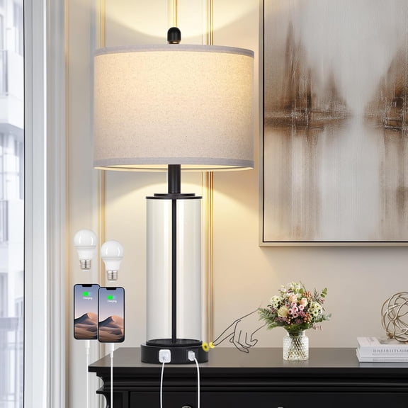 26" Black Glass Table Lamp Single for Living Room, 3-Way Dimmable Bedside Lamp with USB Ports & AC Outlet, Modern Touch Control Bedroom Lamp for Nightstand