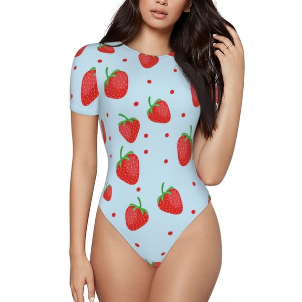 Balery Strawberry Body de cuello redondo de manga corta para mujer Tops de manga corta Tops básicos-Large