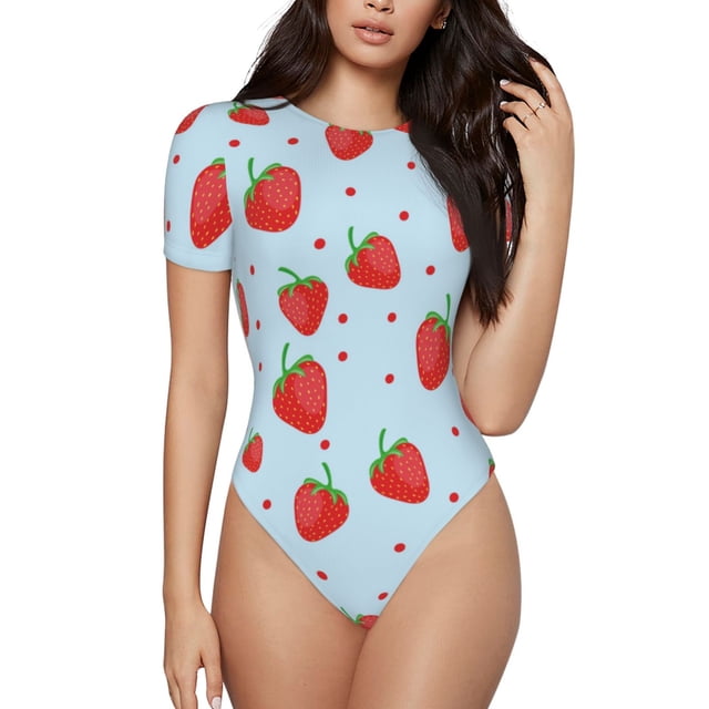 Saiise Motif Fraise Grenouillère à Manches Courtes pour Femmes, Pyjama à Col Rond, Justaucorps Extensible avec Fermeture à Pression - Grand
