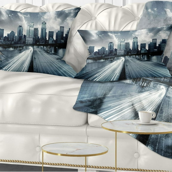 Designart City with Blue Tint - Cityscape Throw Pillow - 12x20